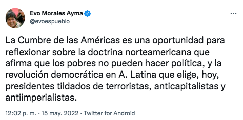 Evo Morales Cuba Venezuela Nicaragua Cumbre de las Américas Estados Unidos