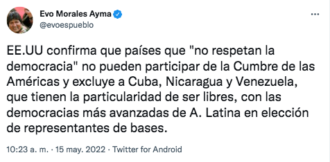 Evo Morales Cuba Venezuela Nicaragua Cumbre de las Américas Estados Unidos