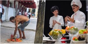 Un cubano recoge restos de una frutabomba podrida y los come en plena calle en 2022 / Una de las sesiones del Taller Culinario de Cuba Sabe, en 2020