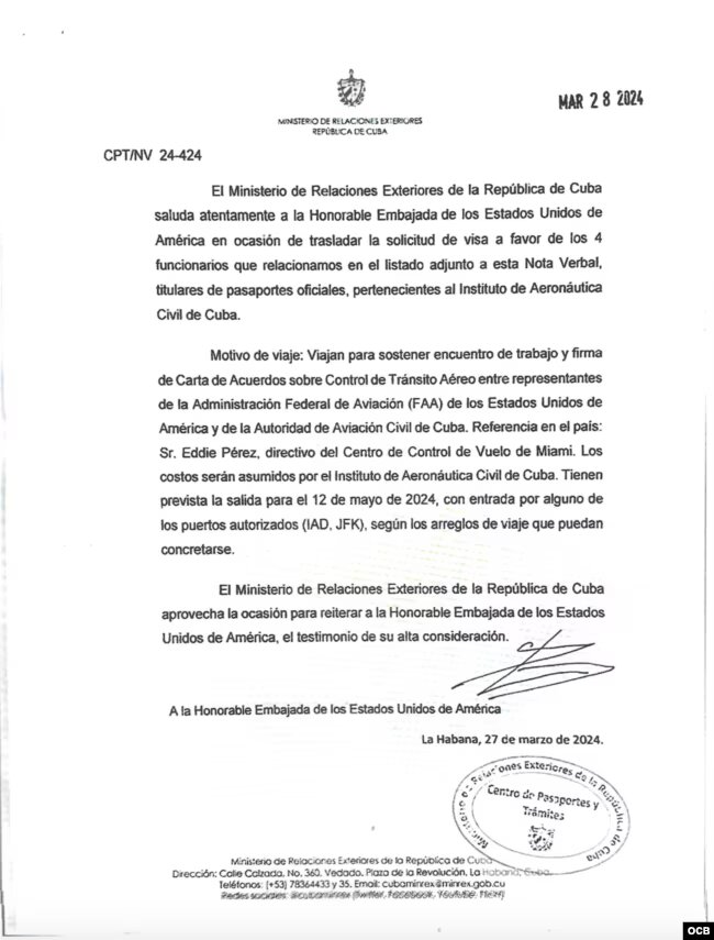 Documento del MINREX obtenido por Martí Noticias